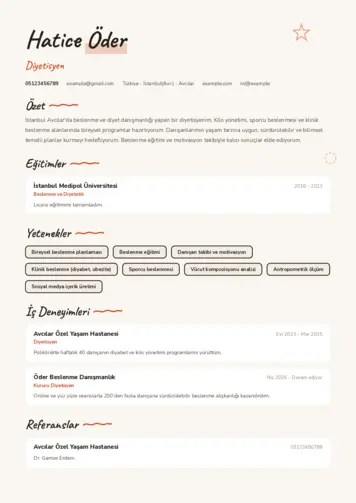 Beslenme Uzmanı Diyetisyen CV Örnekleri cv indir